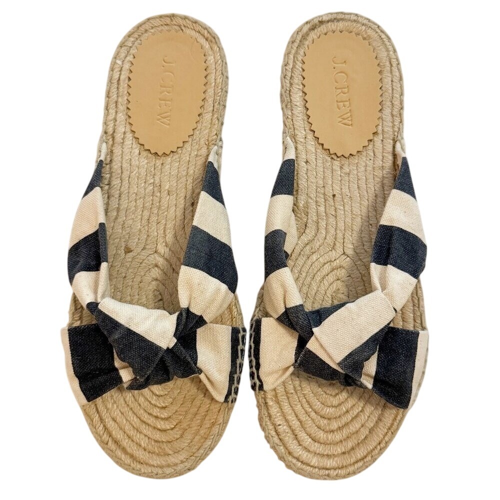 J. Crew Striped Knotted Espadrilles Navy White Canvas Slides Sandals Size 8